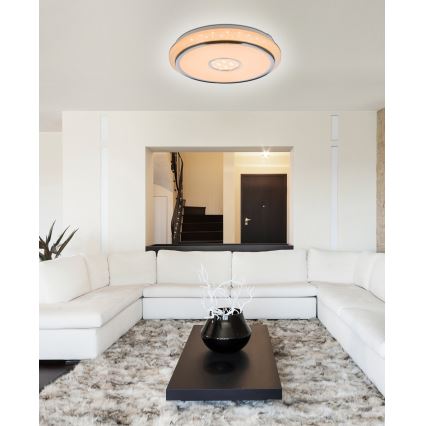 Svetlo - svieti - v moderne zariadenej obývacej izbe s bielou sedačkou a kožušinovým kobercom.