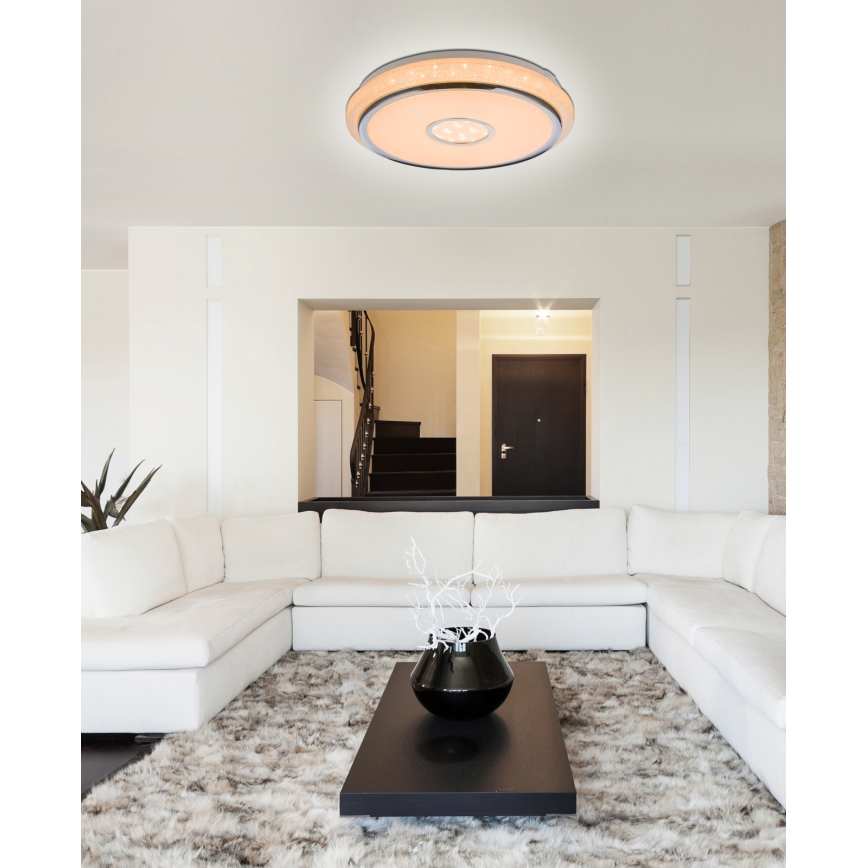 Svetlo - svieti - v moderne zariadenej obývacej izbe s bielou sedačkou a kožušinovým kobercom.