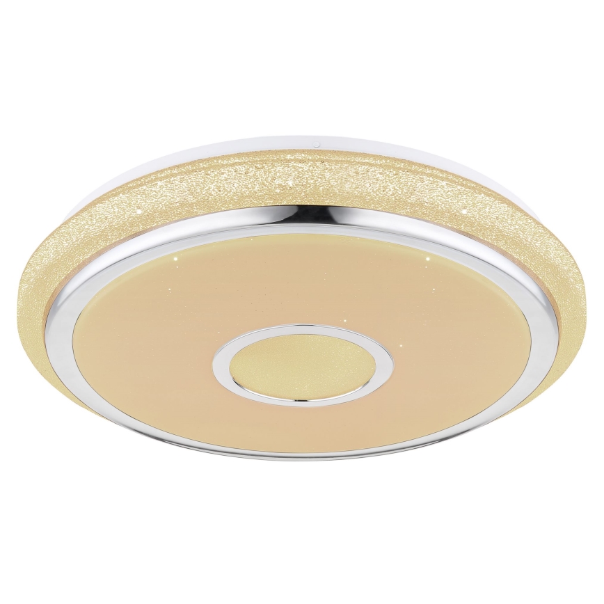 Svietidlo svieti. Je okrúhle, s dvojitým okrajom; vonkajší okraj je svetložltý s trblietkami, vnútorný chrómový. Stred je svetložltý. Svietidlo je určené na strop.