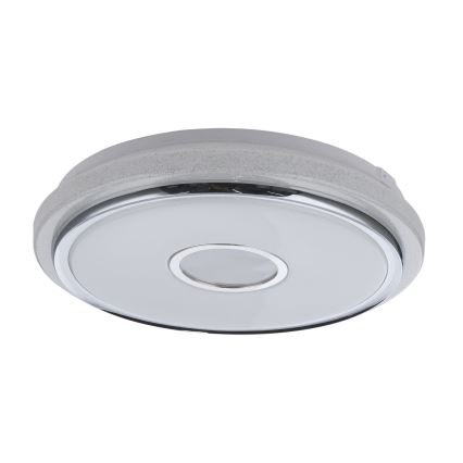 Stropné svetlo svieti. Je okrúhle, sivé s chrómovým lemom. Umiestnené je na bielom pozadí.