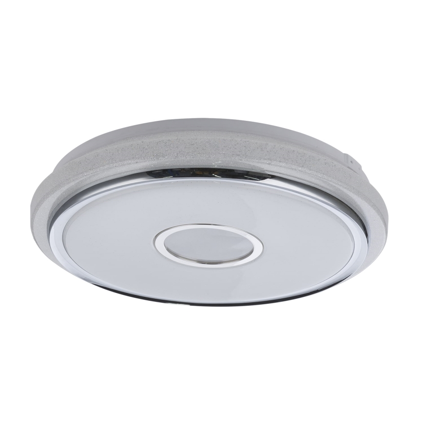 Stropné svetlo svieti. Je okrúhle, sivé s chrómovým lemom. Umiestnené je na bielom pozadí.