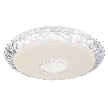 Svietidlo svieti. Je kruhové, s priehľadným krytom s fasetami a matným bielym difúzorom. V strede sa nachádza menší kruh s ďalšími svetlami.