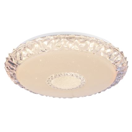 LED stropné svietidlo s okrúhlym tvarom a priehľadným krytom s fasetovaným okrajom. Svietidlo vyžaruje svetlo. Je umiestnené na bielom pozadí.