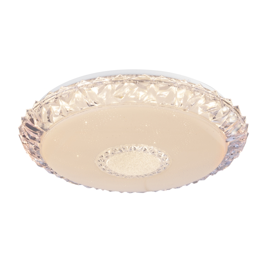 LED stropné svietidlo s okrúhlym tvarom a priehľadným krytom s fasetovaným okrajom. Svietidlo vyžaruje svetlo. Je umiestnené na bielom pozadí.