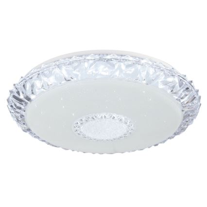 Svietidlo svieti. Je ploché, okrúhle, s kryštálovým okrajom a bielym difúzorom. V strede má menšie kruhové svetlo.