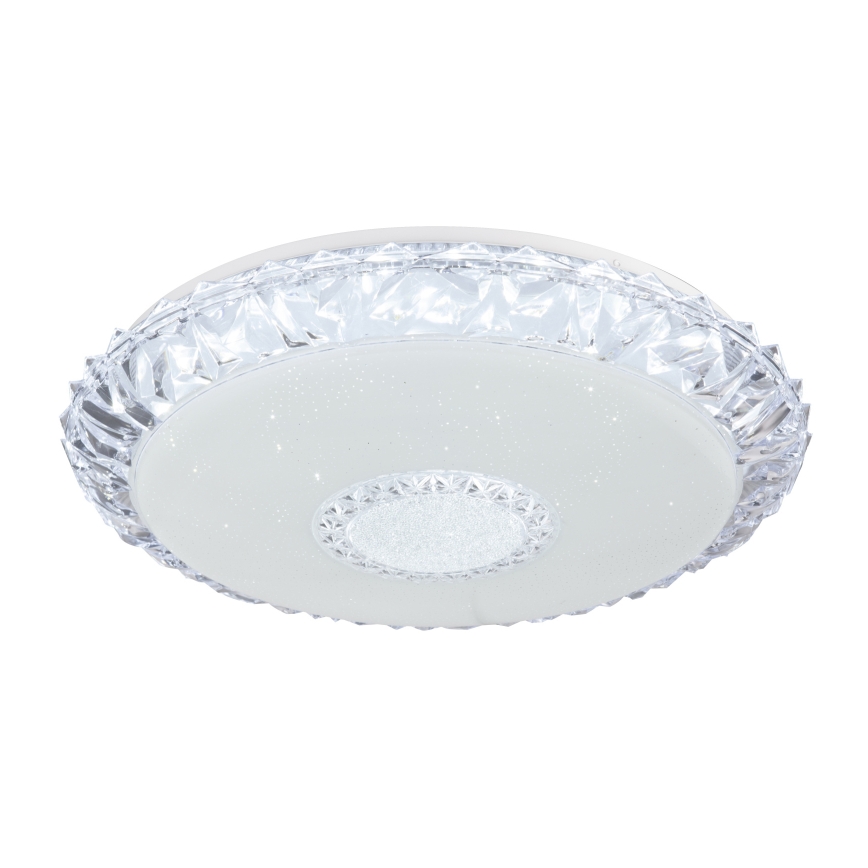 Svietidlo svieti. Je ploché, okrúhle, s kryštálovým okrajom a bielym difúzorom. V strede má menšie kruhové svetlo.