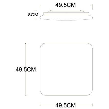 Technický výkres zobrazuje štvorcové svietidlo s rozmermi 49,5 cm x 49,5 cm a hrúbkou 8 cm. Je znázornené zhora a zboku.