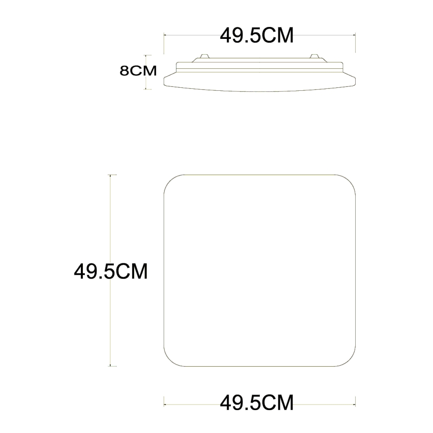 Technický výkres zobrazuje štvorcové svietidlo s rozmermi 49,5 cm x 49,5 cm a hrúbkou 8 cm. Je znázornené zhora a zboku.