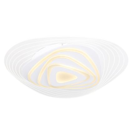 Biela stropná lampa s niekoľkými prekrývajúcimi sa vrstvami v tvare pretiahnutých trojuholníkov svieti jemným teplým svetlom. Lampa je umiestnená na bielom pozadí.