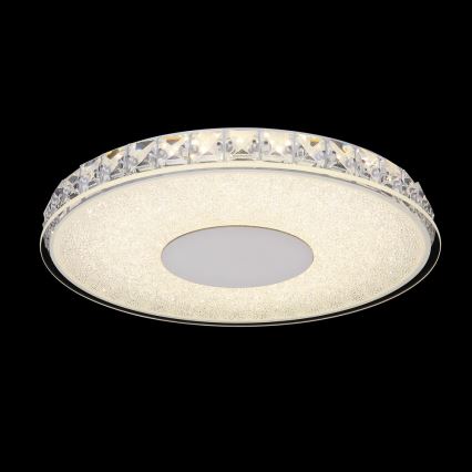 Svetlo svieti na tmavom pozadí. Okrúhly stropný svietidlo je zdobené kryštálmi po obvode a má rozptýlené LED diódy na povrchu.