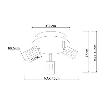 Trojramenné stropné svietidlo s oválnym základom (28cm) a tromi výklopnými reflektormi (10cm). Maximálna dĺžka svietidla je 45cm, výška 16-18cm. Priemer základovej dosky 6.5cm.