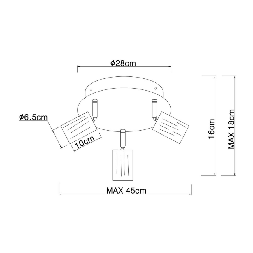 Trojramenné stropné svietidlo s oválnym základom (28cm) a tromi výklopnými reflektormi (10cm). Maximálna dĺžka svietidla je 45cm, výška 16-18cm. Priemer základovej dosky 6.5cm.