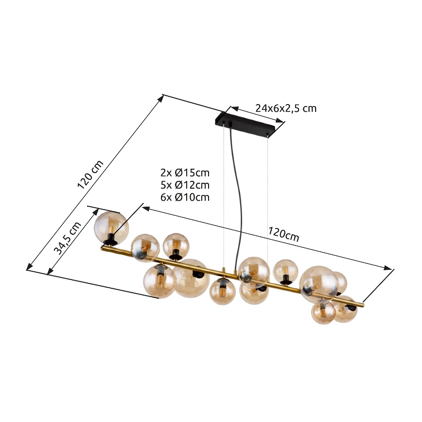 Závesné svietidlo s trinástimi guľovými tienidlami z dymovitého skla rôznych veľkostí visí z čiernej stropnej úchytky na zlatej tyči. Rozmery: 120x34,5 cm, tienidlá: 2x Ø15cm, 5x Ø12cm, 6x Ø10cm, úchytka: 24x6x2,5 cm.