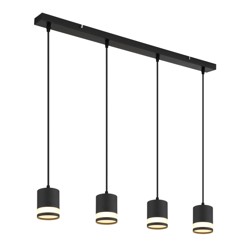 Čierne štvorbodové závesné svietidlo s valcovými tienidlami. Tienidlá sú čiastočne priesvitné, s viditeľným svetelným zdrojom. Svietidlo je zavesené na čiernej lište.