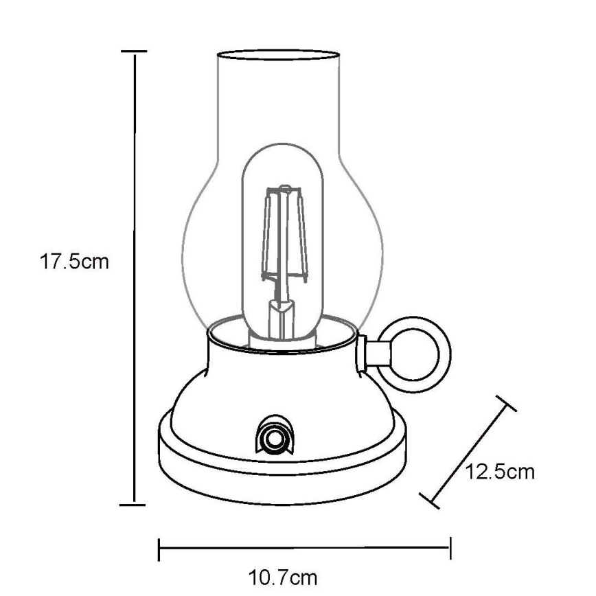 Stolová lampa tvarom pripomínajúca petrolejovú lampu s vnútornou žiarovkou, stojí na kruhovom podstavci s úchytkou. Rozmery: výška 17,5 cm, šírka 10,7 cm, hĺbka 12,5 cm.