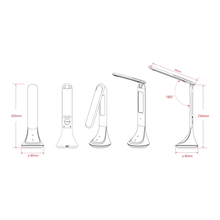Stolová lampa s nastaviteľnou ramenom sa skladá. Umožňuje otáčanie o 180°. Rozmery: výška 254mm, šírka 90mm, výška v zloženom stave 263mm.