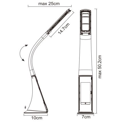 Stolná lampa s nastaviteľnou výškou (max. 25 cm a 50,2 cm) a otočnou hlavou (14,7 cm). Má širokú základňu (10 cm a 7 cm).