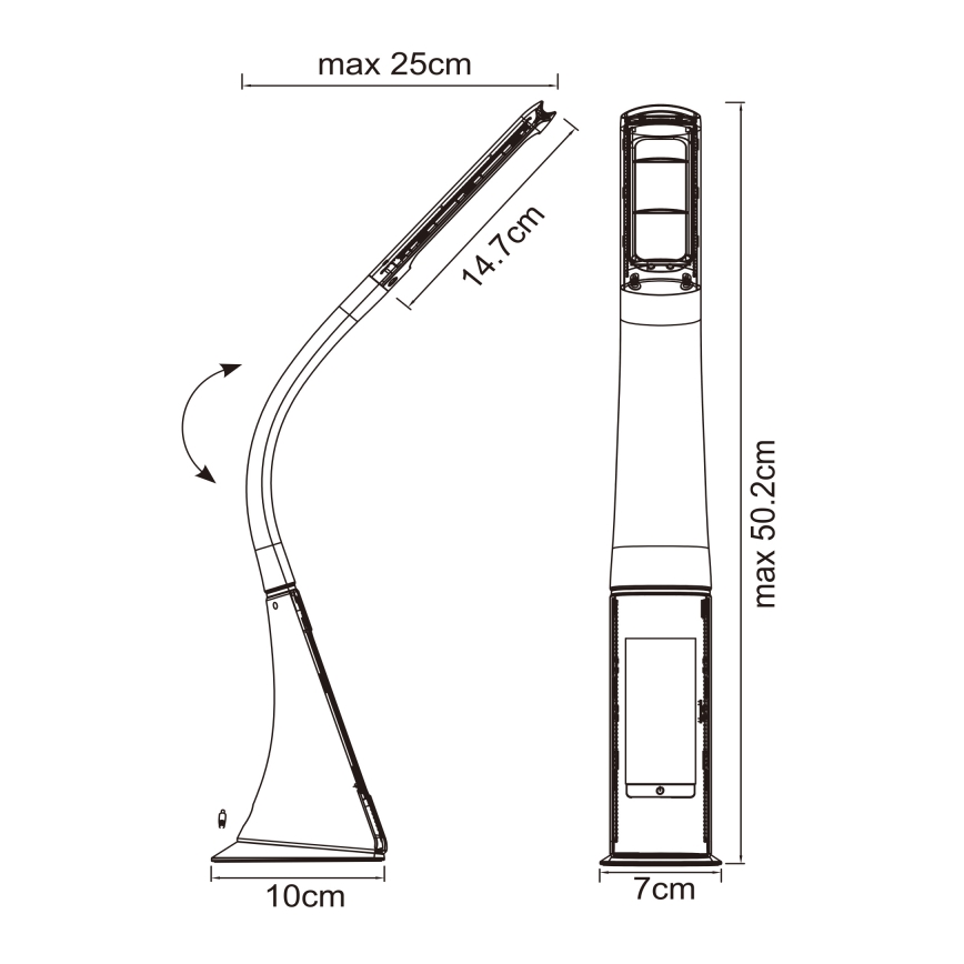 Stolná lampa s nastaviteľnou výškou (max. 25 cm a 50,2 cm) a otočnou hlavou (14,7 cm). Má širokú základňu (10 cm a 7 cm).
