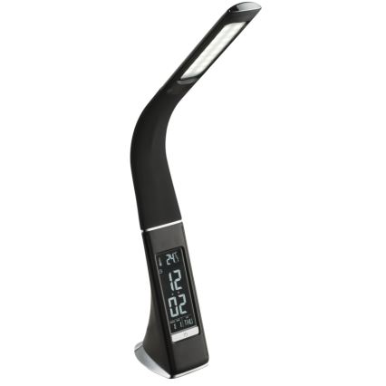 Čierna stolová lampa s LED osvetlením a integrovaným digitálnym displejom zobrazujúcim čas 12:02 a teplotu 24°C. Lampa je zakrivená a stojí na stabilnej základni.