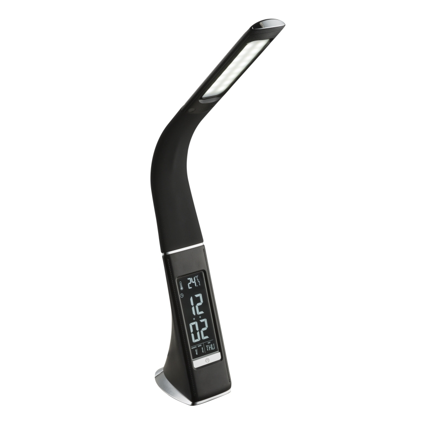 Čierna stolová lampa s LED osvetlením a integrovaným digitálnym displejom zobrazujúcim čas 12:02 a teplotu 24°C. Lampa je zakrivená a stojí na stabilnej základni.