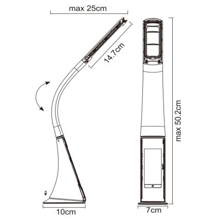 Stolná lampa s nastaviteľným ramenom o dĺžke max. 25 cm a výške 14,7 cm. Šírka základne je 10 cm, celková výška v stojacej polohe max. 50,2 cm, šírka 7 cm. Lampa je znázornená v dvoch pohľadoch.