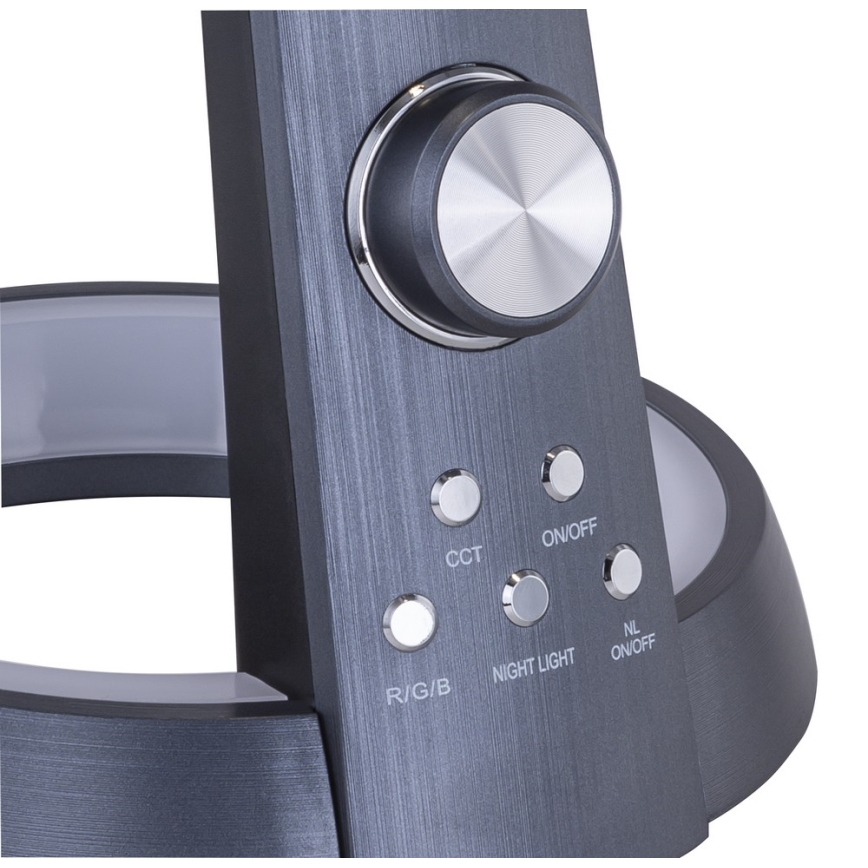 Svietidlo s kruhovou základňou má ovládací panel s otočným gombíkom a tlačidlami: CCT, ON/OFF, R/G/B, NIGHT LIGHT, NL, ON/OFF.
