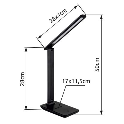 Skladacia stolná lampa s LED svetlom, umiestnená na základni. Rozmery: 50x28x17x11,5 cm (výška x šírka základne x šírka x hĺbka základne), ramená 28x4 cm.
