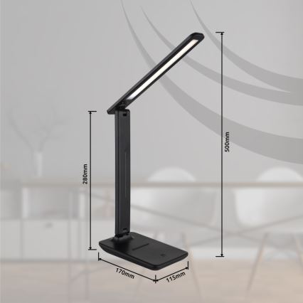 Čierna skladacia stolová lampa s LED osvetlením je zobrazená s rozmermi: výška 500 mm, šírka 170 mm a hĺbka 115 mm. Výška ramena je 280 mm. Lampa je umiestnená na rozmazanou pozadí s náznakom interiéru.