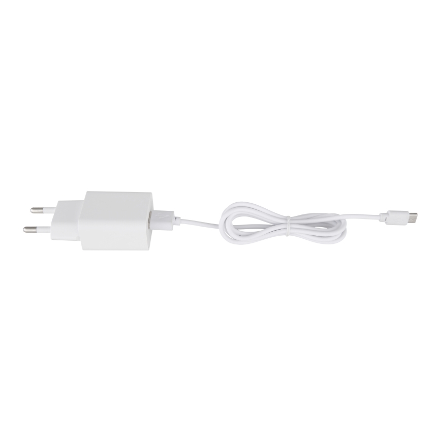 Biela nabíjačka s dvojkolíkovou zástrčkou je pripojená k bielemu USB-C káblu. Kábel je stočený na ploche. Na obrázku nie je žiadny text.