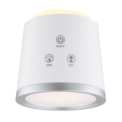 Biela valcová lampa s funkciami zapínania/vypínania, regulácie jasu (DIM) a farebnej teploty (CCT) na vrchu. Spodná časť je strieborná a svetlo svieti z jej vnútra.