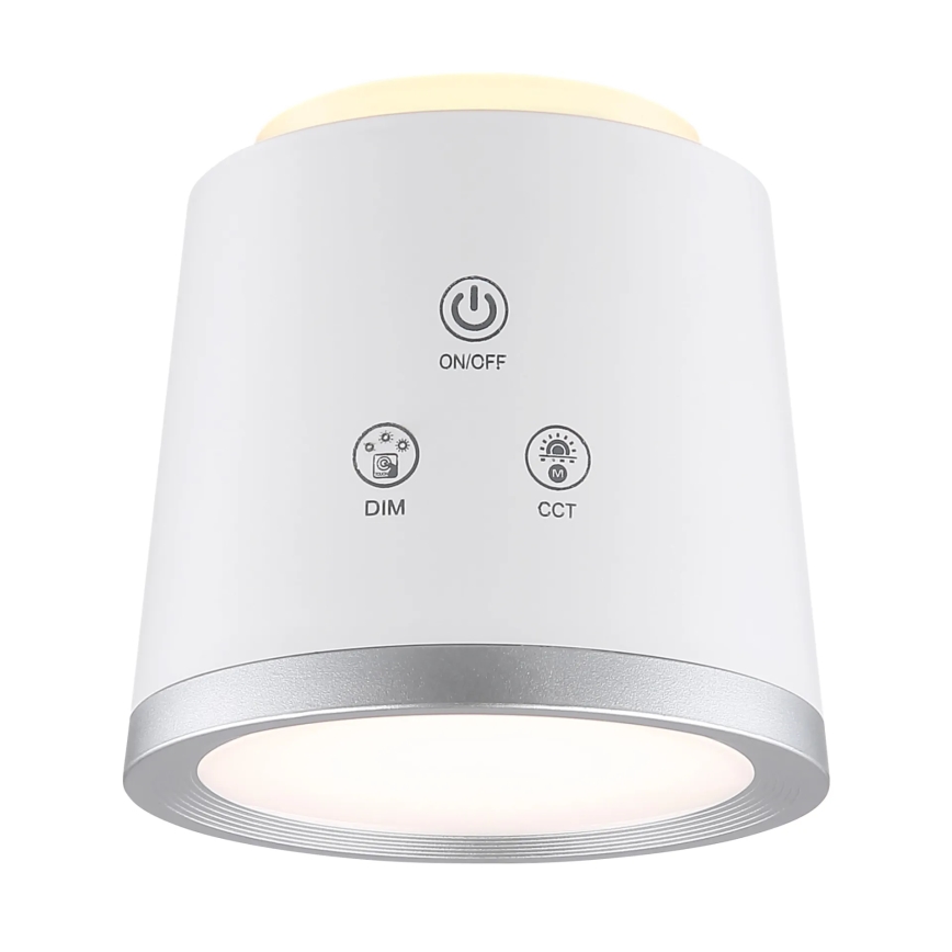 Biela valcová lampa s priemerom svetla. Na povrchu sú tlačidlá: ON/OFF, DIM, CCT. Lampa je na bielom pozadí.