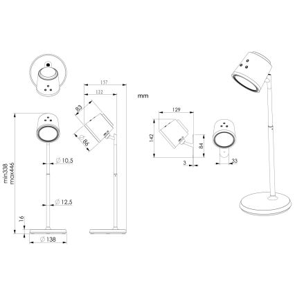 Stolová lampa s nastaviteľnou výškou (min. 338 mm, max. 446 mm) a guľatou základňou (priemer 138 mm) je zobrazená v technickej schéme s detailnými rozmermi v milimetroch.