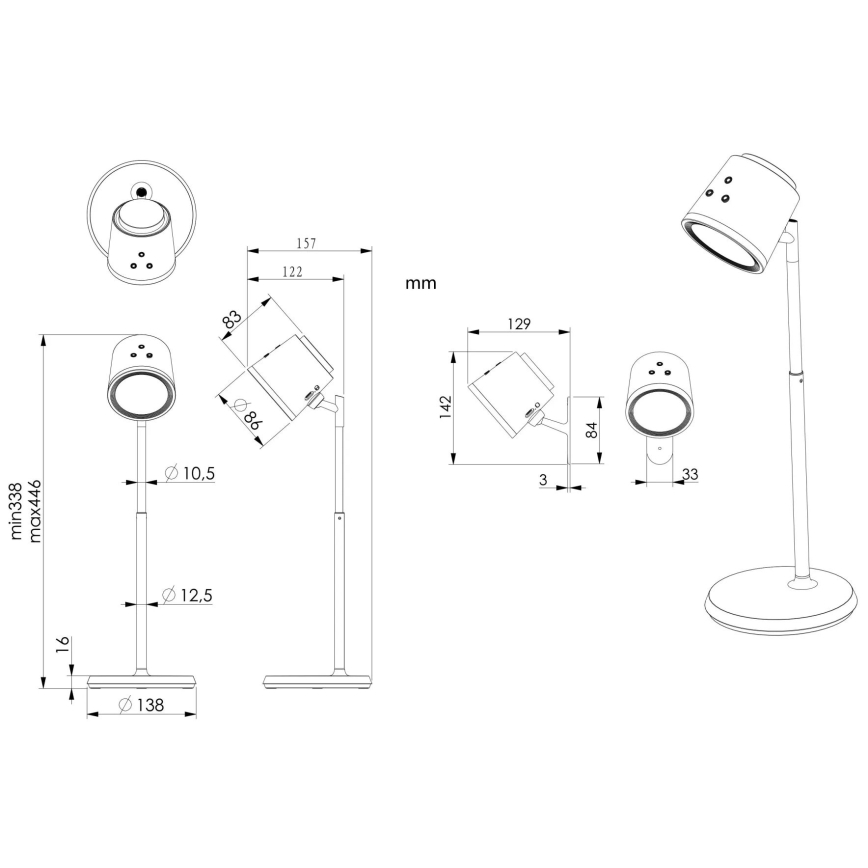 Stolová lampa s nastaviteľnou výškou (min. 338 mm, max. 446 mm) a guľatou základňou (priemer 138 mm) je zobrazená v technickej schéme s detailnými rozmermi v milimetroch.