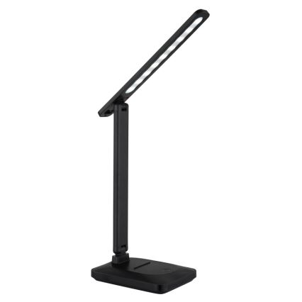 Čierna skladacia stolová lampa s LED osvetlením svieti. Je umiestnená na bielom pozadí.