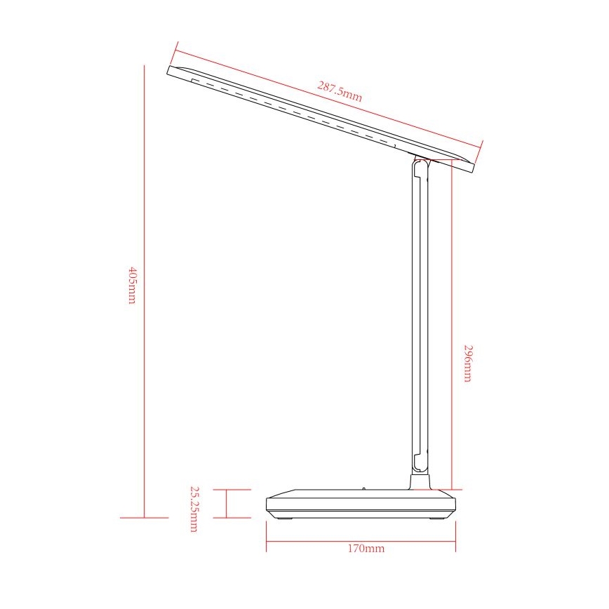 Stolná lampa s nastaviteľným ramenom je znázornená v bočnom pohľade. Rozmery sú: výška 405 mm, šírka 170 mm, hĺbka 25.25 mm a dĺžka ramena 287.5 mm. Celková výška lampy je 296 mm.