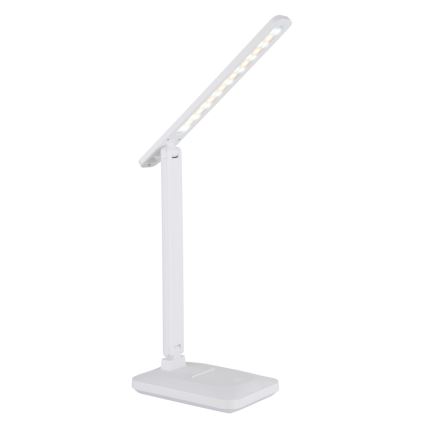 Biela stolná lampa s LED osvetlením je umiestnená na bielom pozadí. Lampa je zložená, s ramenom smerujúcim nahor. Svetlo je zapnuté.