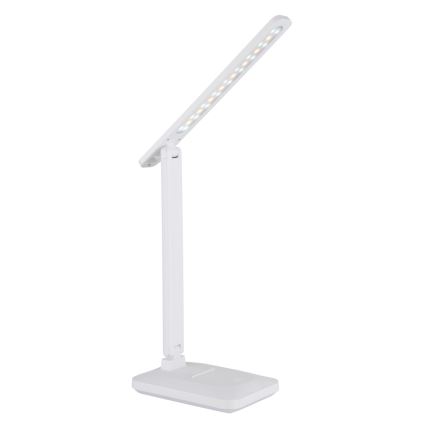 Biela stolová LED lampa s dlhým, ohybným ramenom osvetľuje. Je umiestnená na bielom pozadí.