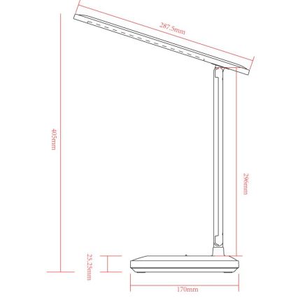 Stolná lampa s nastaviteľným ramenom je znázornená bočným pohľadom. Rozmery sú: výška 405 mm, šírka 170 mm, hĺbka 296 mm, dĺžka ramena 287,5 mm a výška základne 25,25 mm.