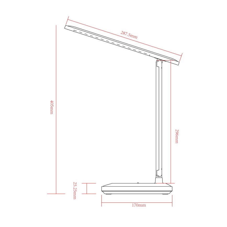 Stolná lampa s nastaviteľným ramenom je znázornená bočným pohľadom. Rozmery sú: výška 405 mm, šírka 170 mm, hĺbka 296 mm, dĺžka ramena 287,5 mm a výška základne 25,25 mm.