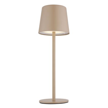 Stolová lampa s valcovým tienidlom svetlohnedej farby stojí na kruhovom podstavci. Lampa svieti. Biela plocha pozadia.