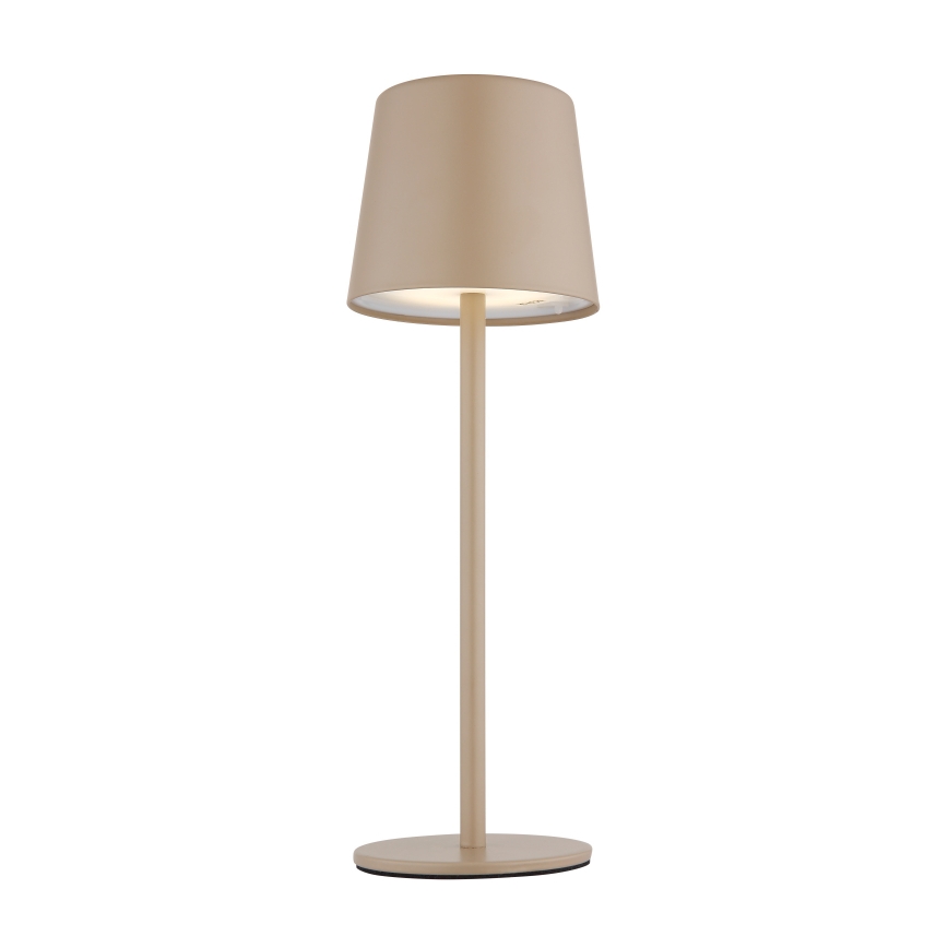 Stolová lampa s valcovým tienidlom svetlohnedej farby stojí na kruhovom podstavci. Lampa svieti. Biela plocha pozadia.