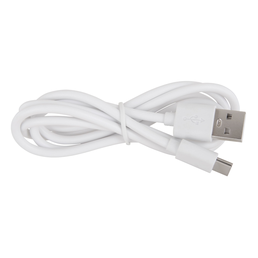Biely USB kábel leží zvinutý na bielom pozadí. Jeden koniec má USB-A konektor, druhý USB-C.