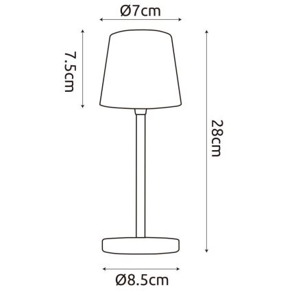 Stolová lampa s kužeľovitým tienidlom stojí na kruhovej podstave. Výška 28 cm, priemer tienidla 7 cm, priemer podstavy 8,5 cm, výška tienidla 7,5 cm.