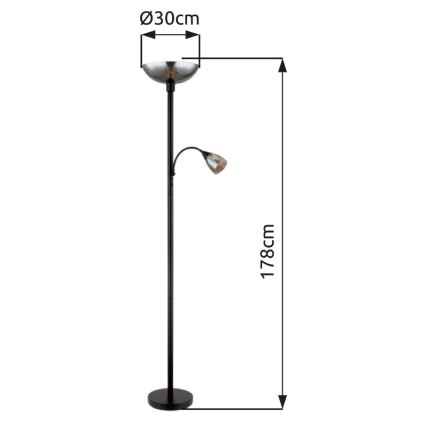 Stojacia lampa s dvoma svetlami svieti. Horné svetlo má priemer 30 cm, celková výška lampy je 178 cm. Lampa je čierna s kovovými tienidlami.