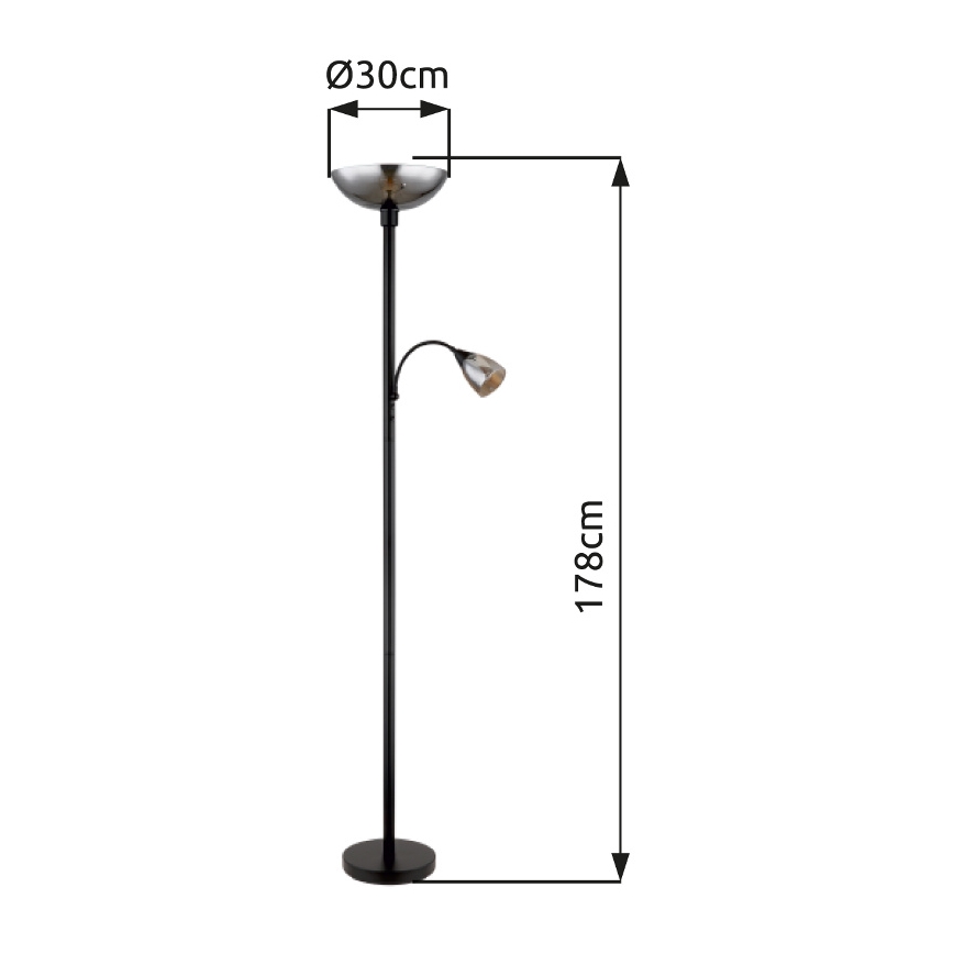 Stojacia lampa s dvoma svetlami svieti. Horné svetlo má priemer 30 cm, celková výška lampy je 178 cm. Lampa je čierna s kovovými tienidlami.