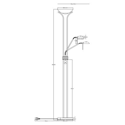Stojacia lampa s dvoma ramenami a tienidlami, svieti, je vysoká 180 cm. Má základňu s rozmermi 42x5 cm a kábel s dĺžkou 185 cm. Max. výška tienidla je 58 cm.