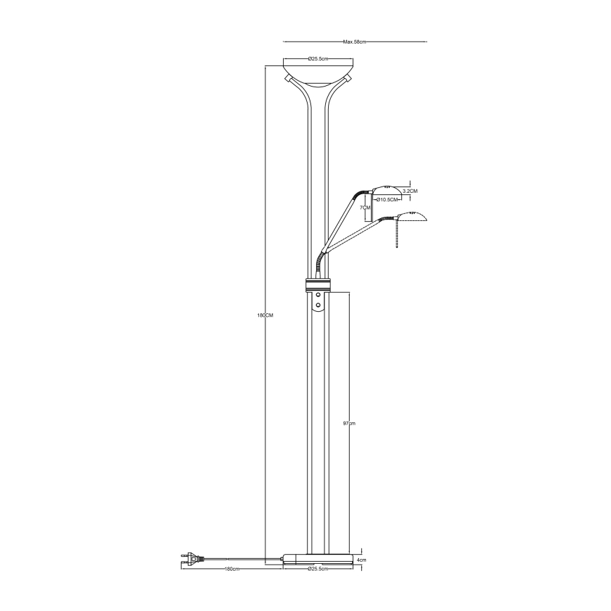 Stojacia lampa s dvoma ramenami a tienidlami, svieti, je vysoká 180 cm. Má základňu s rozmermi 42x5 cm a kábel s dĺžkou 185 cm. Max. výška tienidla je 58 cm.