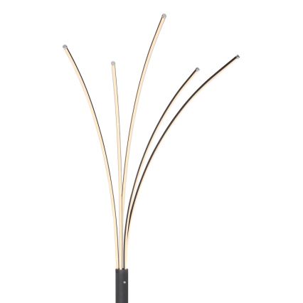 Stojacia lampa s piatimi výsuvnými ramenami, ktoré smerujú nahor a von. Ramená obsahujú LED osvetlenie. Lampa stojí na tmavo sivej podstavci.