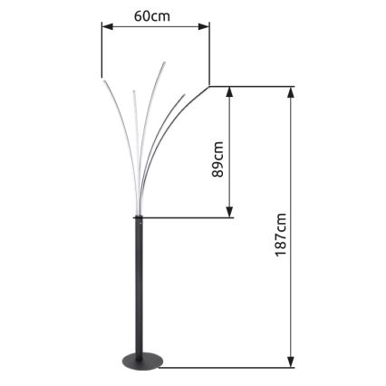 Stojacia lampa s vysokou, čiernou kovovou nohou a niekoľkými zakrivenými ramenami s LED svetlami sa nachádza v bielom priestore. Rozmery: šírka 60 cm, výška 89 cm, celková výška 187 cm.