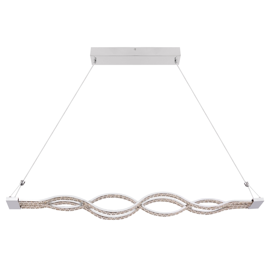 Svietidlo visí zo stropu na dvoch kábloch. Jeho telo je v tvare dvoch prepletených vĺn osadených kryštálmi. Stropná časť je obdĺžniková, kovová.